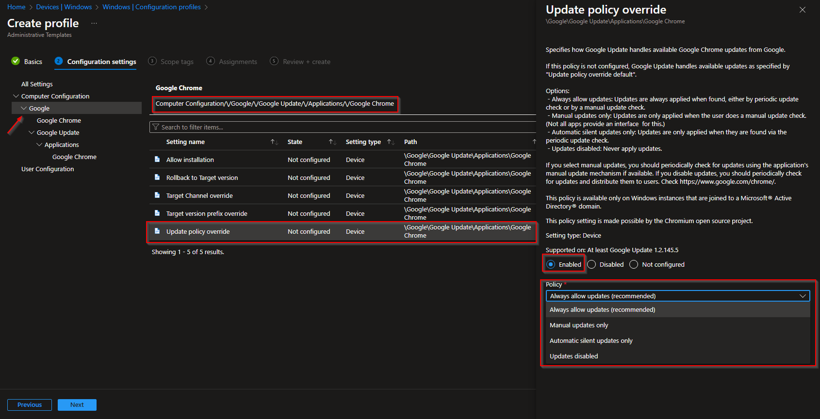 Creating configuration profile with imported templates